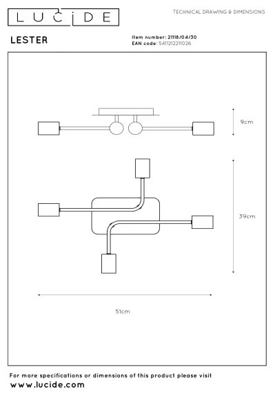 Lucide 21118/04/30 - Felületre szerelhető csillár LESTER 4xE27/40W/230V fekete