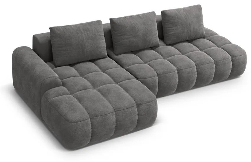 Szürke bársony kinyitható-tárolóhelyes sarokkanapé (bal oldali-heverő résszel) Linz – Cosmopolitan Design