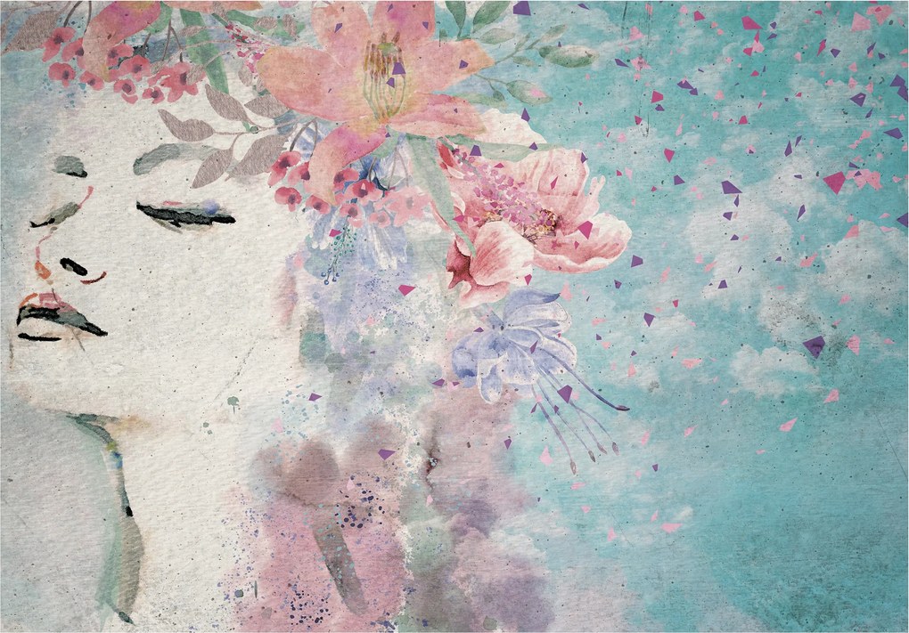 Fotótapéta Nő Virágok Akvarellek Pasztell háttér Profil 200x140 +ragasztó