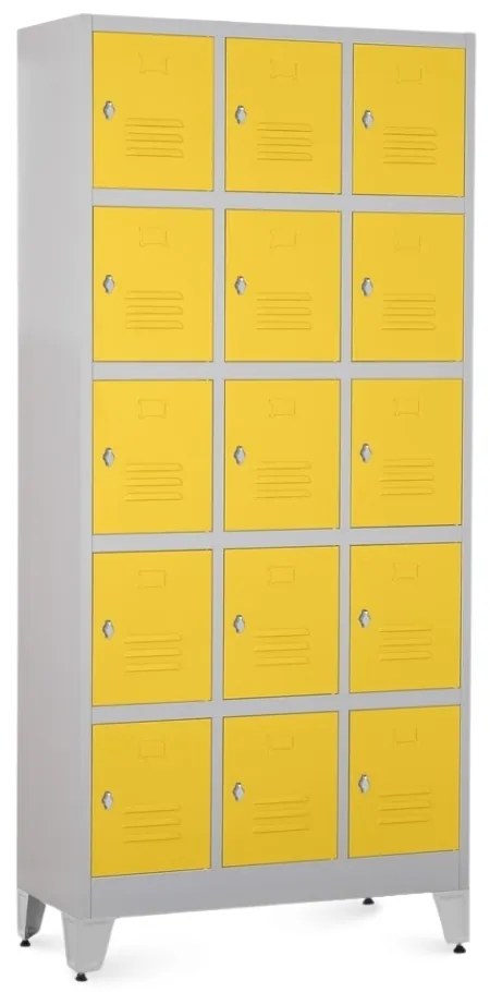 Fém szekrény - 15 doboz, 90 x 40 x 196,5 cm, helyreigazítással, lakathoz zár, sárga - ral 1023