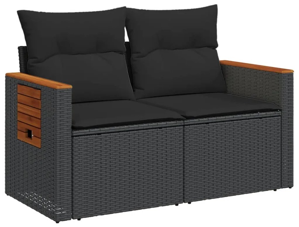2 személyes fekete polyrattan kerti kanapé párnával