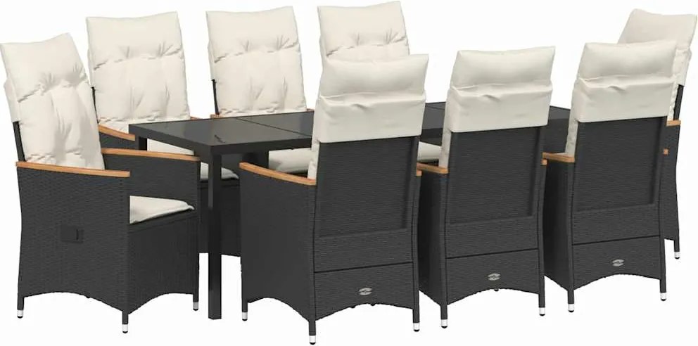 vidaXL Kert étkező szett párnával 9 pcs Fekete polirattan