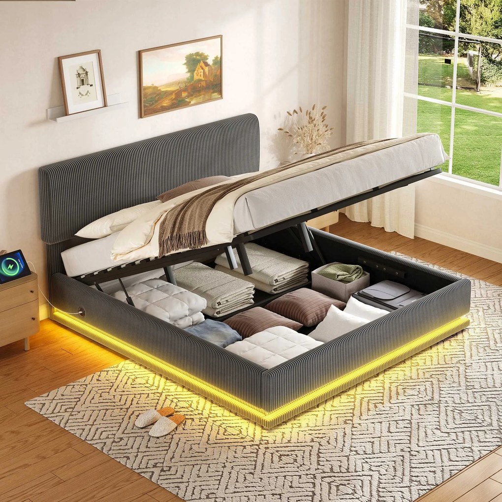 Kárpitozott franciaágy Hidraulikus Led Usb-c 160X200CM szürke