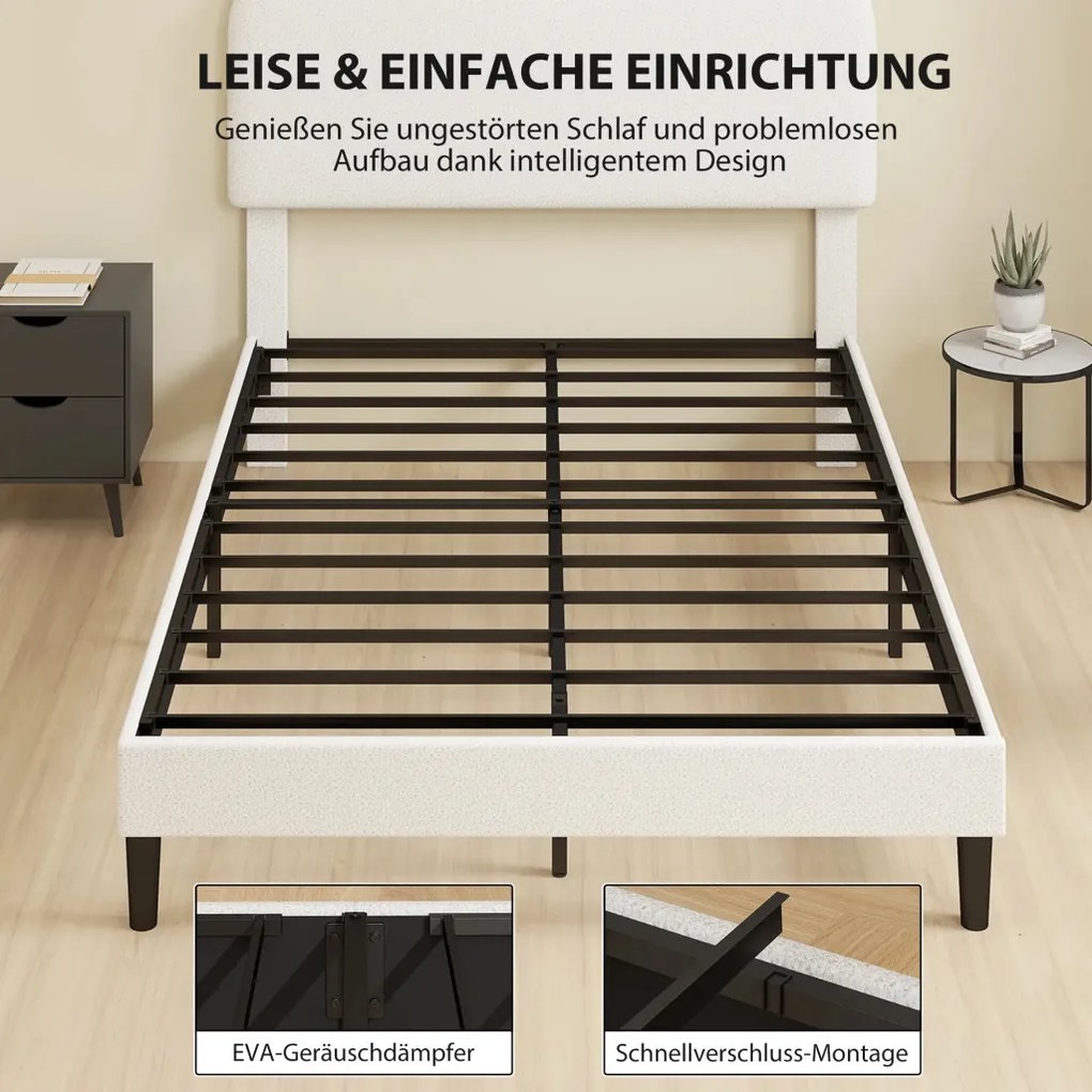 HOMCOM Ágy 140x200 cm Ágykeret állítható kárpitozott teddy fleece fejtámlával, fehér