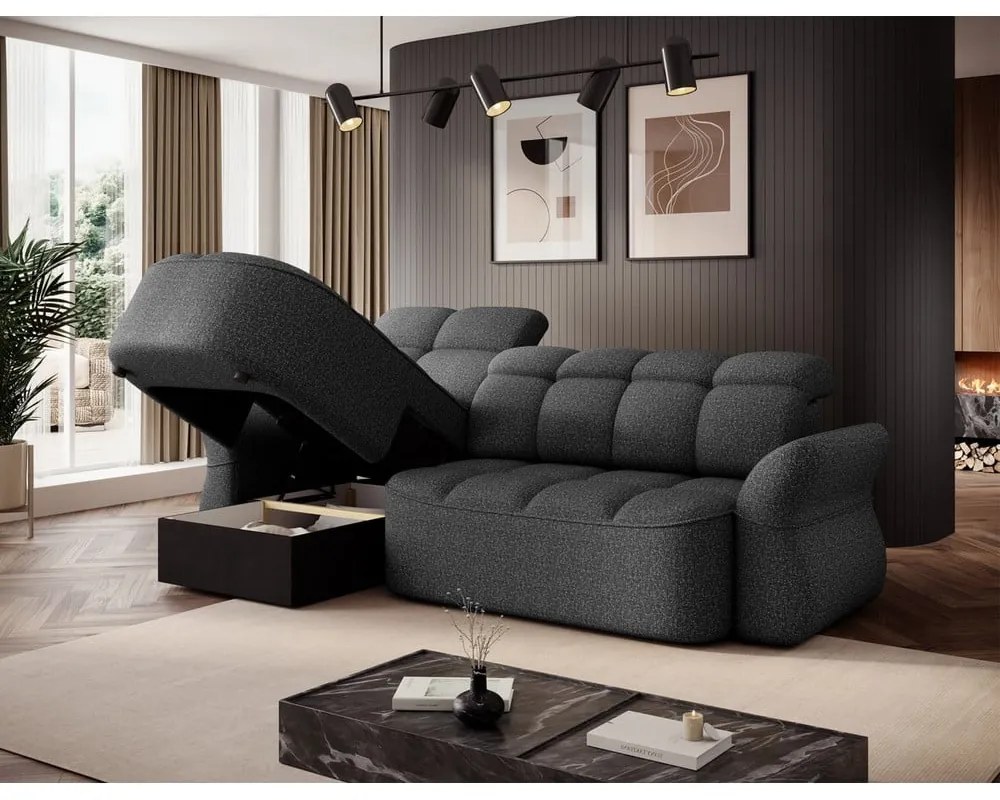 Sötétszürke bársony kinyitható-tárolóhelyes sarokkanapé (bal oldali-heverő résszel) Beneth – ELTAP