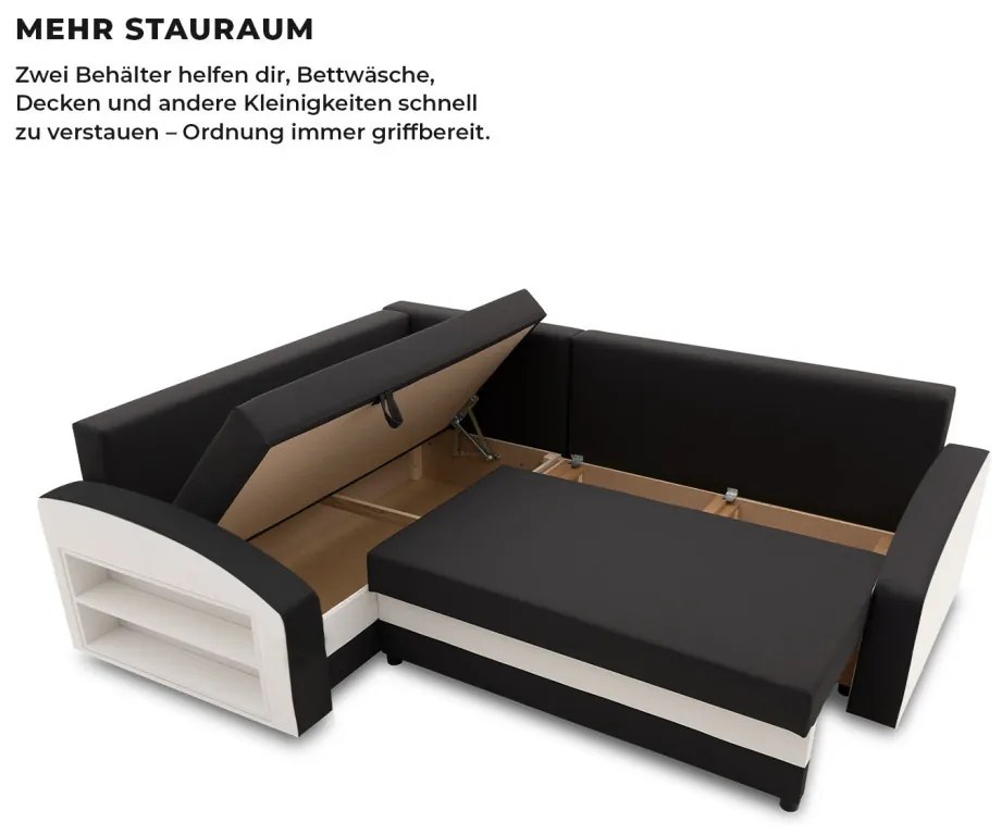 Grande sarokkanapé polcokkal , polc a bal karfaban, baloldali, szövet anyag, bonell töltet, fekete - fehér