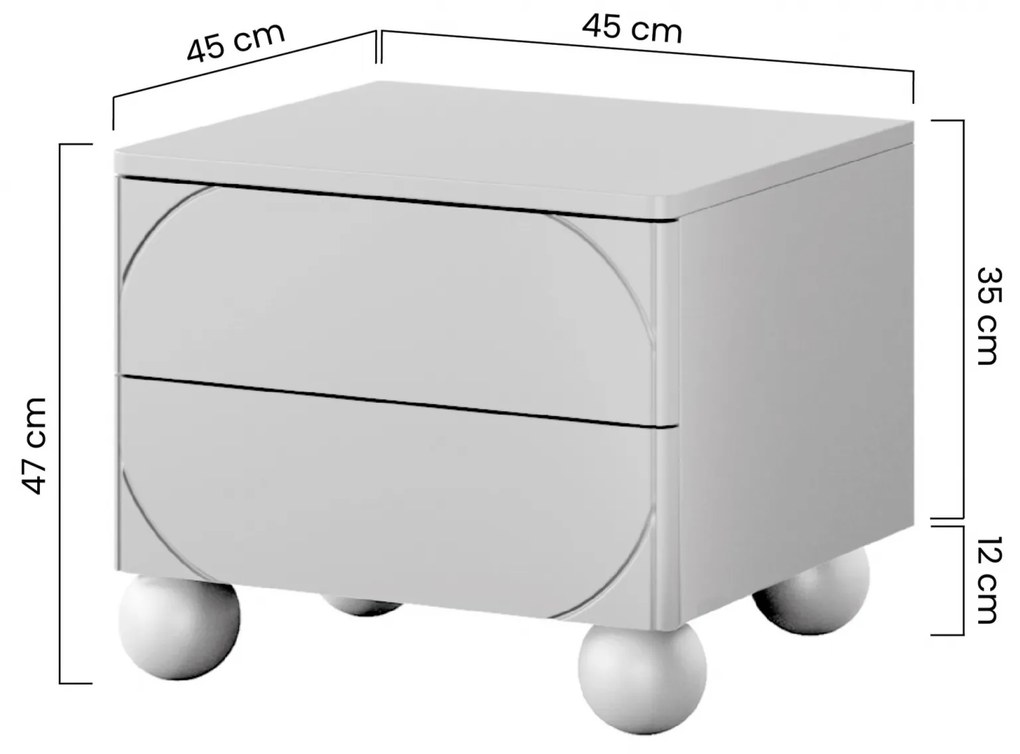 Sonatia II fiókos éjjeliszekrény 45 cm 2 fiókkal - kasmír / gömb alakú lábak
