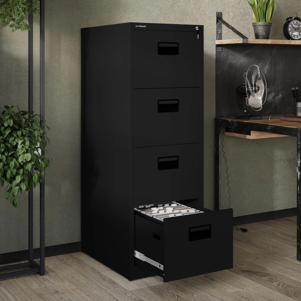 Fém iratszekrény 4 fiókkal, fekete, 460x1320x620 mm: SARA