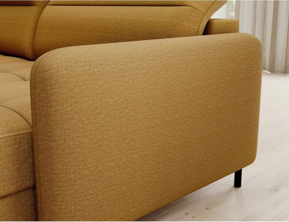 Sárga bársony kinyitható-tárolóhelyes sarokkanapé (bal oldali-U alakú) Berrto – ELTAP