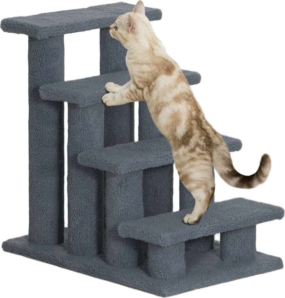 PawHut Pet Stairs - 4 lépcsős szürke macska- és kutyalépcső 63.5x43x60 cm | Aosom