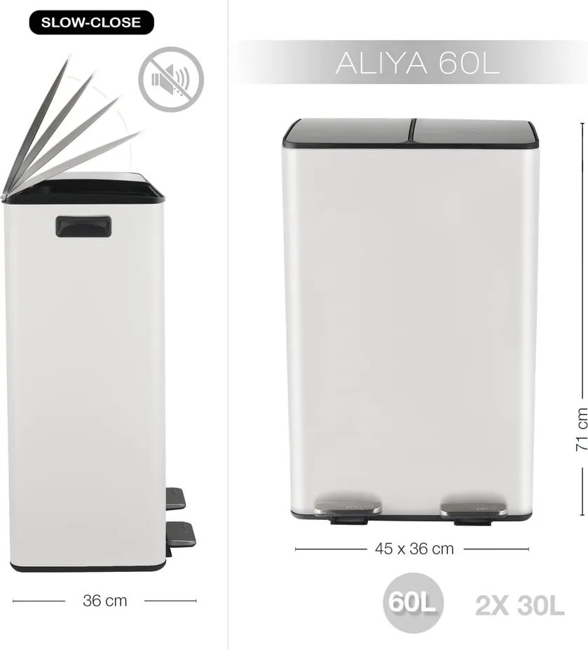 Matt fehér acél szelektív pedálos szemetes 2x30 l Aliya – Spirella