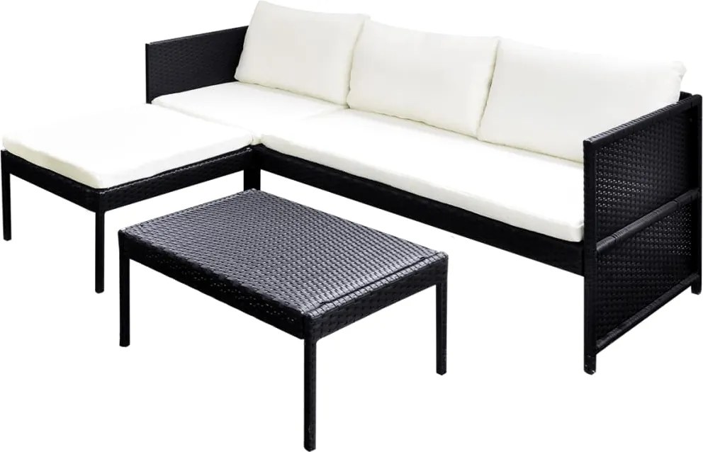 vidaXL 3 részes fekete polyrattan kerti bútorszett párnákkal