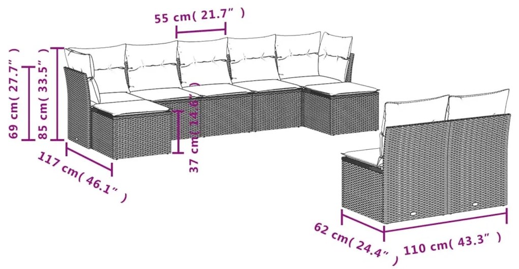 9 részes bézs polyrattan kerti ülőgarnitúra párnákkal