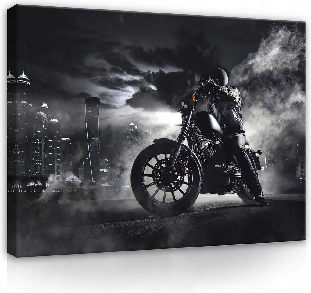 Vászonkép 100x75 Éjszakai város motorkerékpár sebesség füst felhők felhőkarcolók teljesítmény