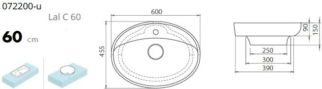 CeraStyle LAL C - PULTRA ültethető - Top Counter - porcelán mosdó - ovális - 60 x 46 cm