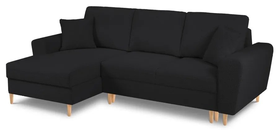 Fekete buklé kinyitható tárolóhelyes sarokkanapé (bal oldali-heverő résszel) Kyoto – Cosmopolitan Design
