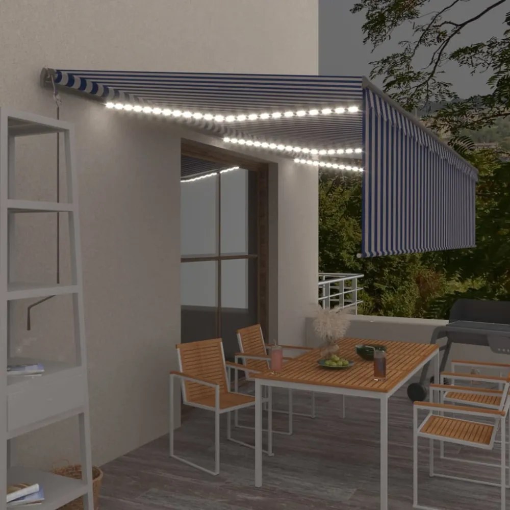 kék és fehér redőnyös, szélérzékelős, LED-es napellenző 6x3 m
