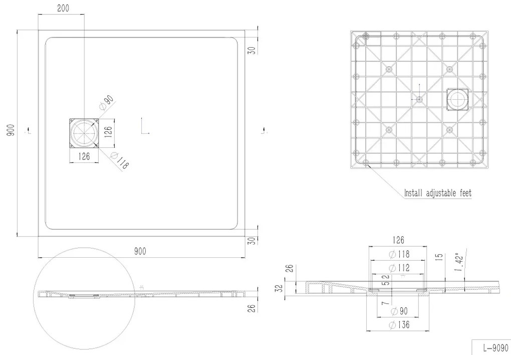 Erga Hyper, SMC zuhanytálca 90x90x2,6 cm + szifon, bézs matt, ERG-V06-SMC-9090S-BG