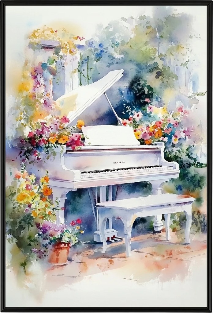 Poszter Keret Alumínium Akvarell Kert Virágok Tavasz Fehér Zongora 40x60
