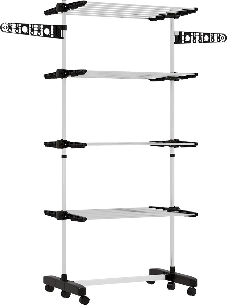 HOMCOM 4 szintes Törölköző Szárító Torony, Összecsukható Szárnyakkal, Kerekekkel, Belső és Külső Használatra, 142 x 55 x 172 cm, Fekete | Aosom