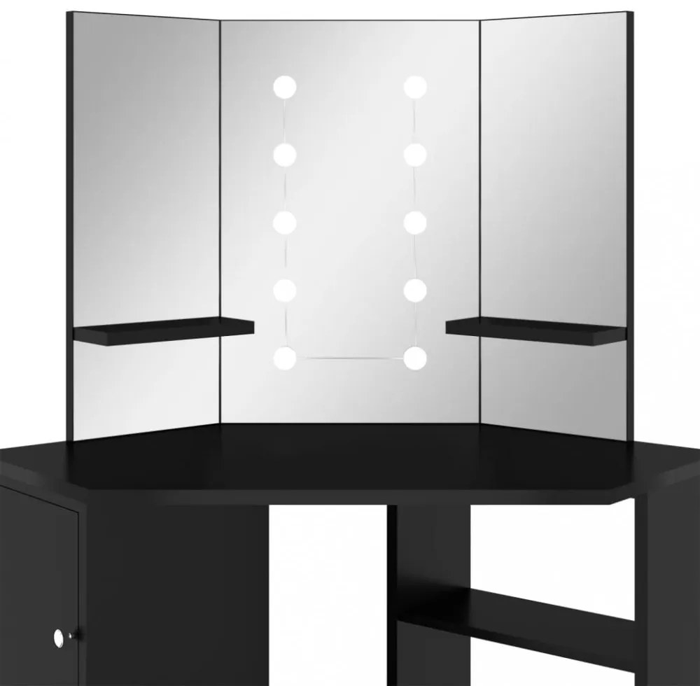 fekete sarok fésülködőasztal LED világítással 111x54x141,5 cm