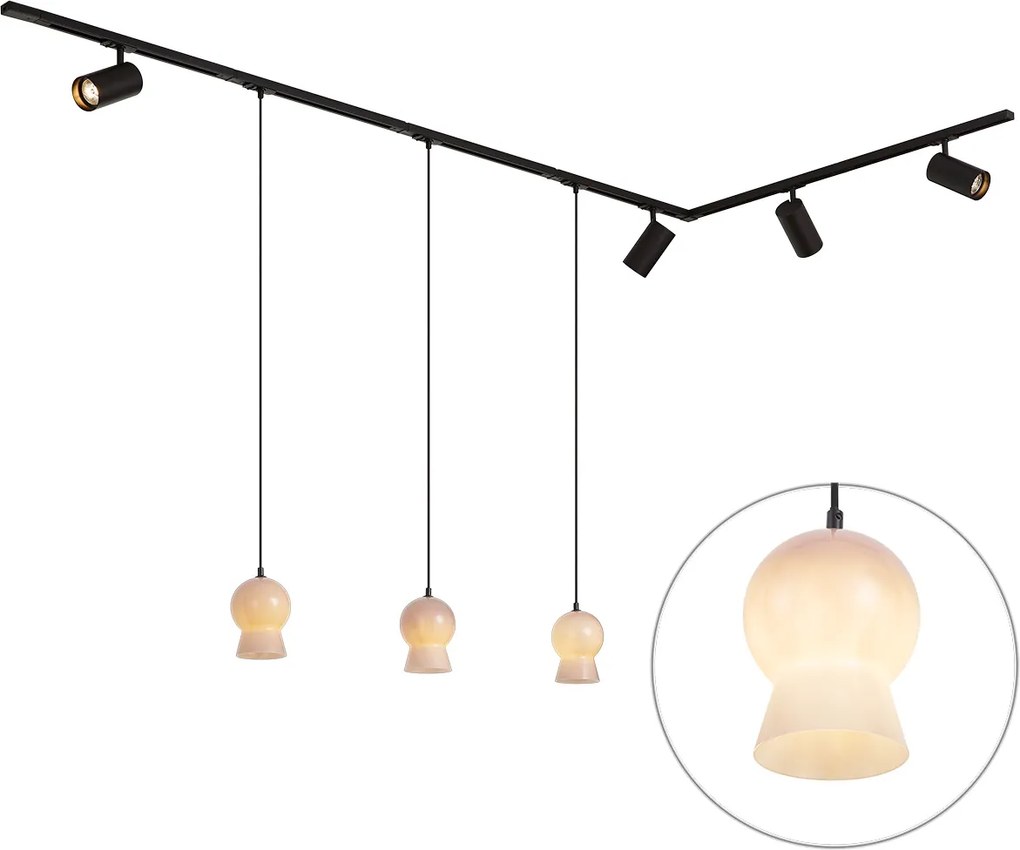 Modern fekete sínrendszer 4 spotlámpával és 3 fehér függőlámpával, 1 fázisú - Iconic Bell Jeana Luxe