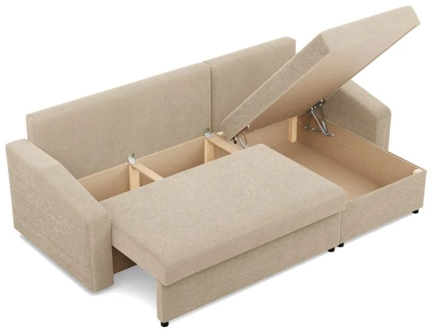 Zeus sarokkanapé, 2 ágyneműtartóval, döntött kartámasz, kordbársony, univerzális oldal, hab töltet, bézs