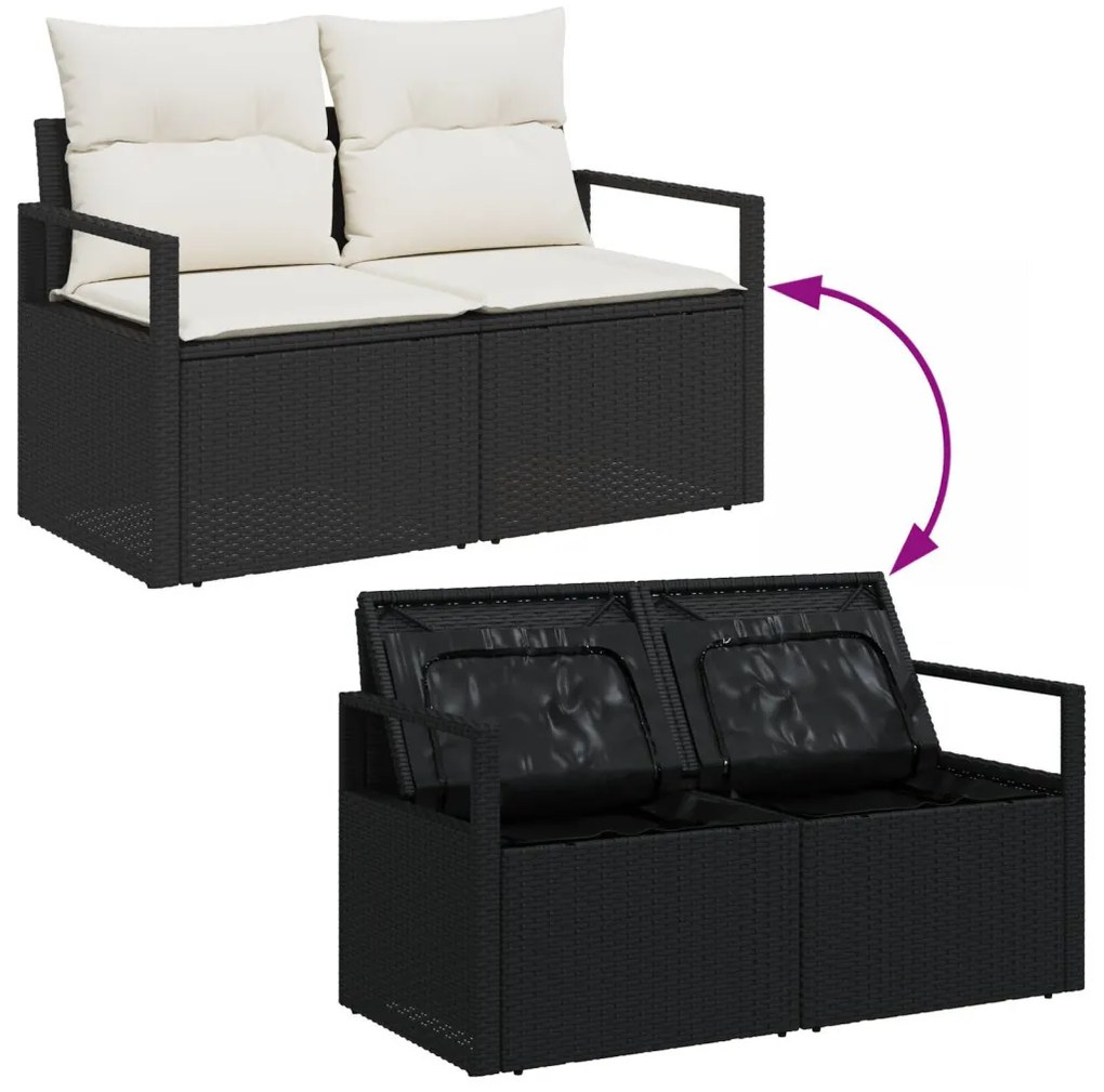 6 Részes Kerti Sofa Szett Párnákkal Fekete Poli Rattan, 2-Fős Kerti Sofa Tárolóval &amp; Párnákkal Fekete Poli Rattan
