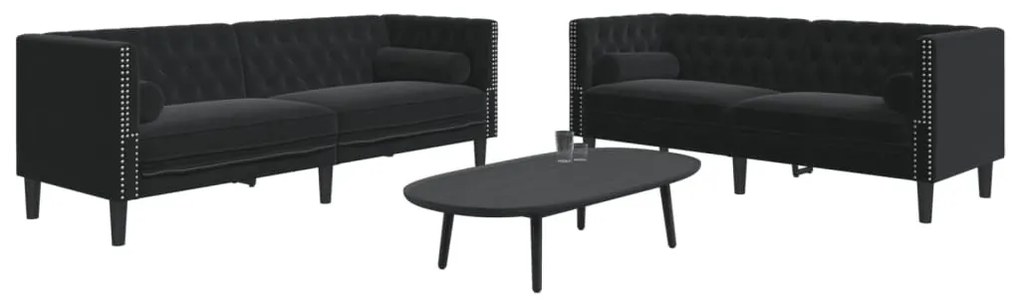 2 részes fekete bársony Chesterfield kanapészett párnákkal