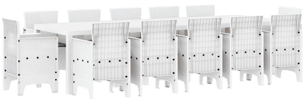 13 Darabos Kerti Étkezőgarnitúra Párnákkal Fehér Polirattan, Kerti Asztal Fehér 150x100x73 cm Polirattan, Kerti Székek Párnákkal 4 db Fehér Polirattan
