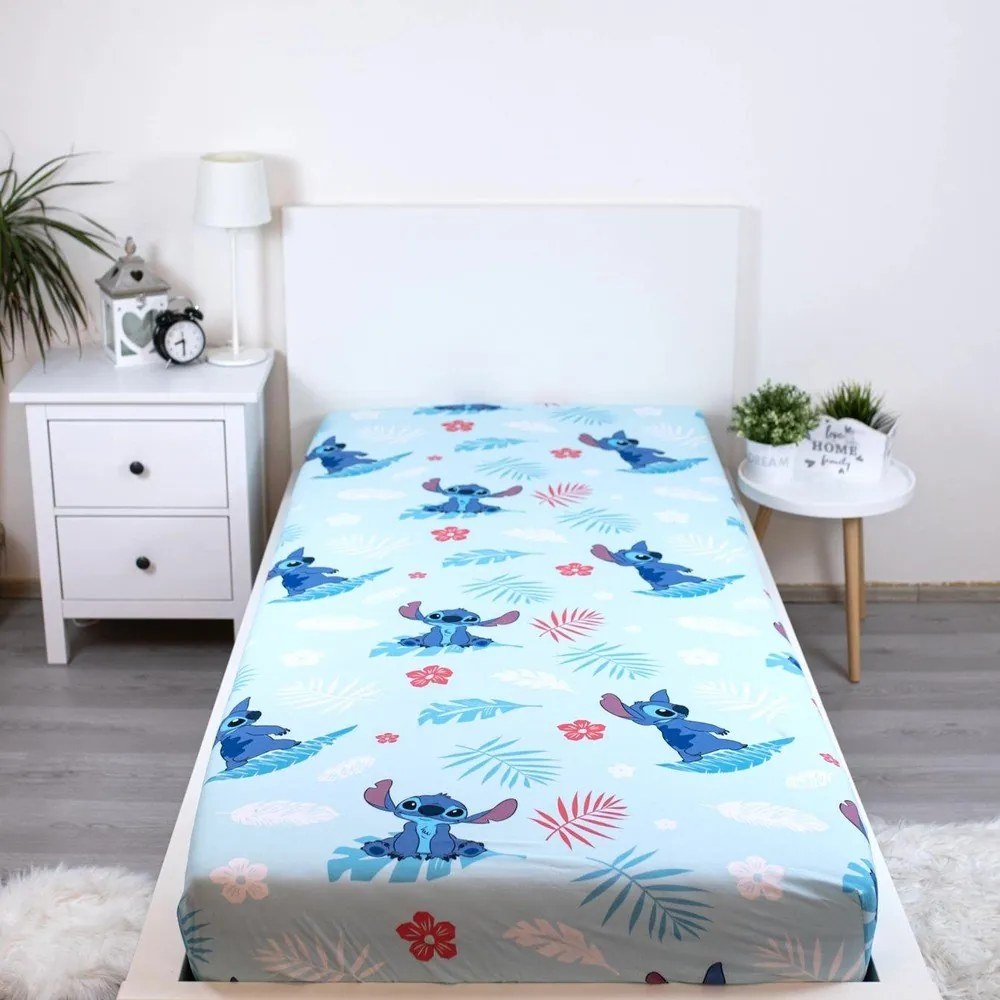Kék gumis egyszemélyes pamut gyerek lepedő 90x200 cm Lilo & Stitch "Blue" – Jerry Fabrics
