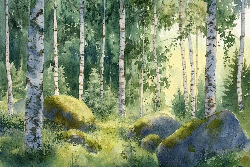 Fotótapéta Flizelina Tájkép Erdő Fák Nyírfák Kövek Moha 152,5x104 ragasztó