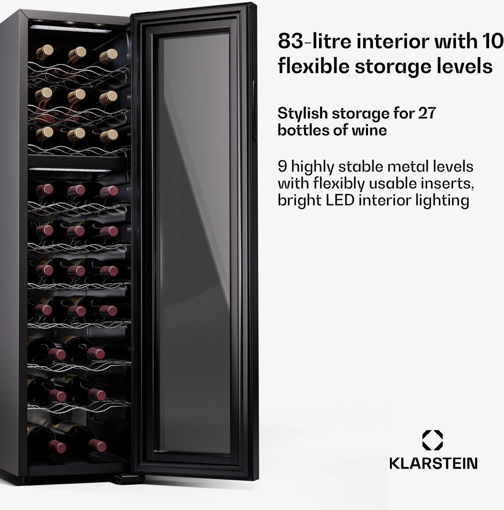 Klarstein Shiraz 27 Duo, borhűtő, 2 zóna, 83 l/27 palack, 5-18 / 5-18 °C, érintésvezérlés