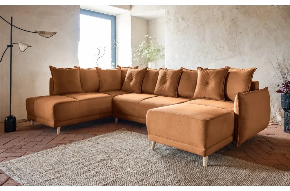 Téglavörös kordbársony kinyitható sarokkanapé (bal oldali-U alakú) Lazy Lukka – Miuform