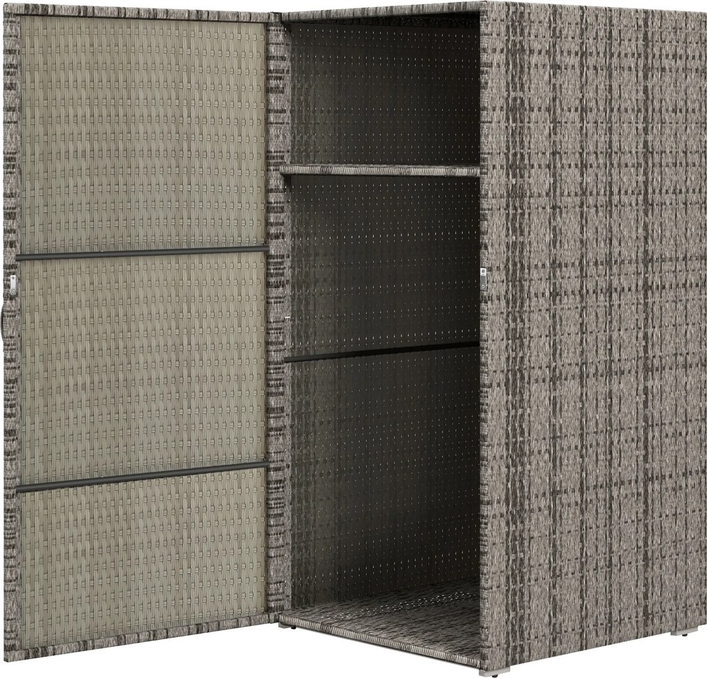 Outsunny Kültéri és Beltéri Rattan PE Szekrény, Kertiszerszám Szekrény 2 Rekesszel Teraszra és Medence Mellett, 60x63x120cm, Szürke | Aosom