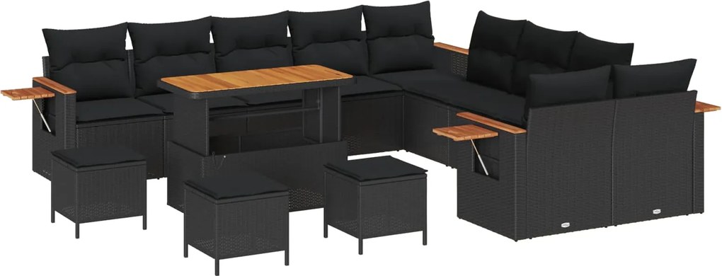 vidaXL Kerti Kanapé Szett 14 pcs Fekete Poli rattan és porfestett acél