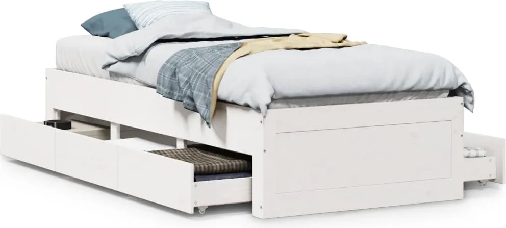 vidaXL fehér tömör fenyőfa fiókos ágykeret matrac nélkül 75 x 190 cm