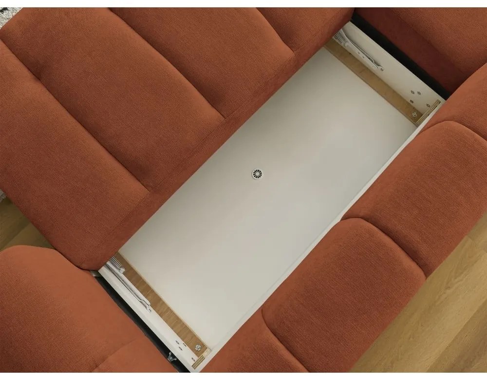 Téglavörös kinyitható-tárolóhelyes sarokkanapé (bal oldali-heverő résszel) Fuji – Bobochic Paris