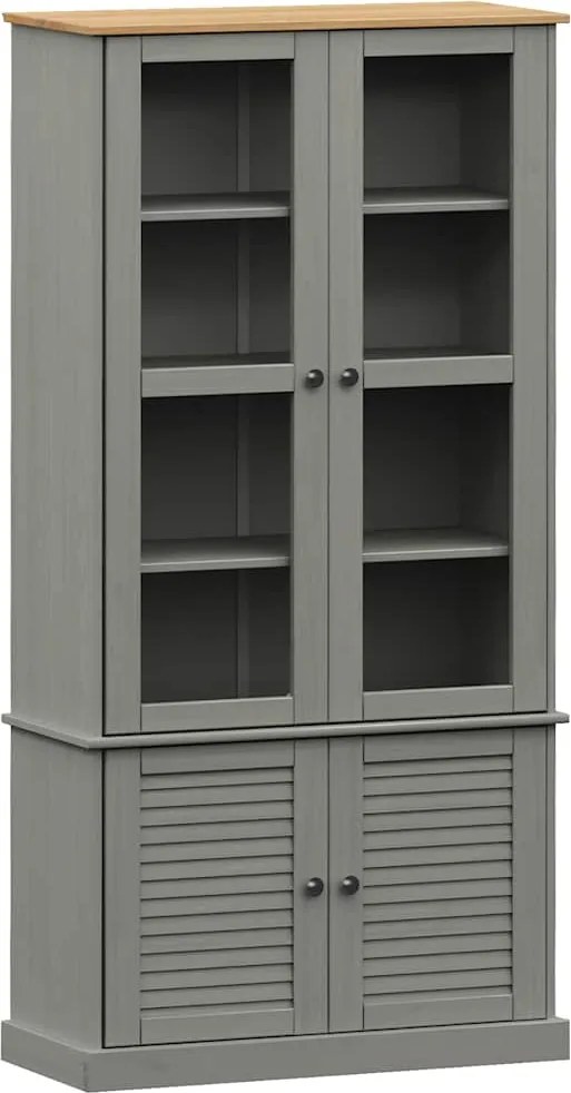 vidaXL VIGO szürke üvegvitrines tömör fenyőfa szekrény 85x35x170 cm