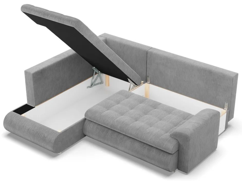 Tokio sarokkanapé, L alakú háttámlával, 2 ágyneműtartóval, kordbársony, baloldali, szürke