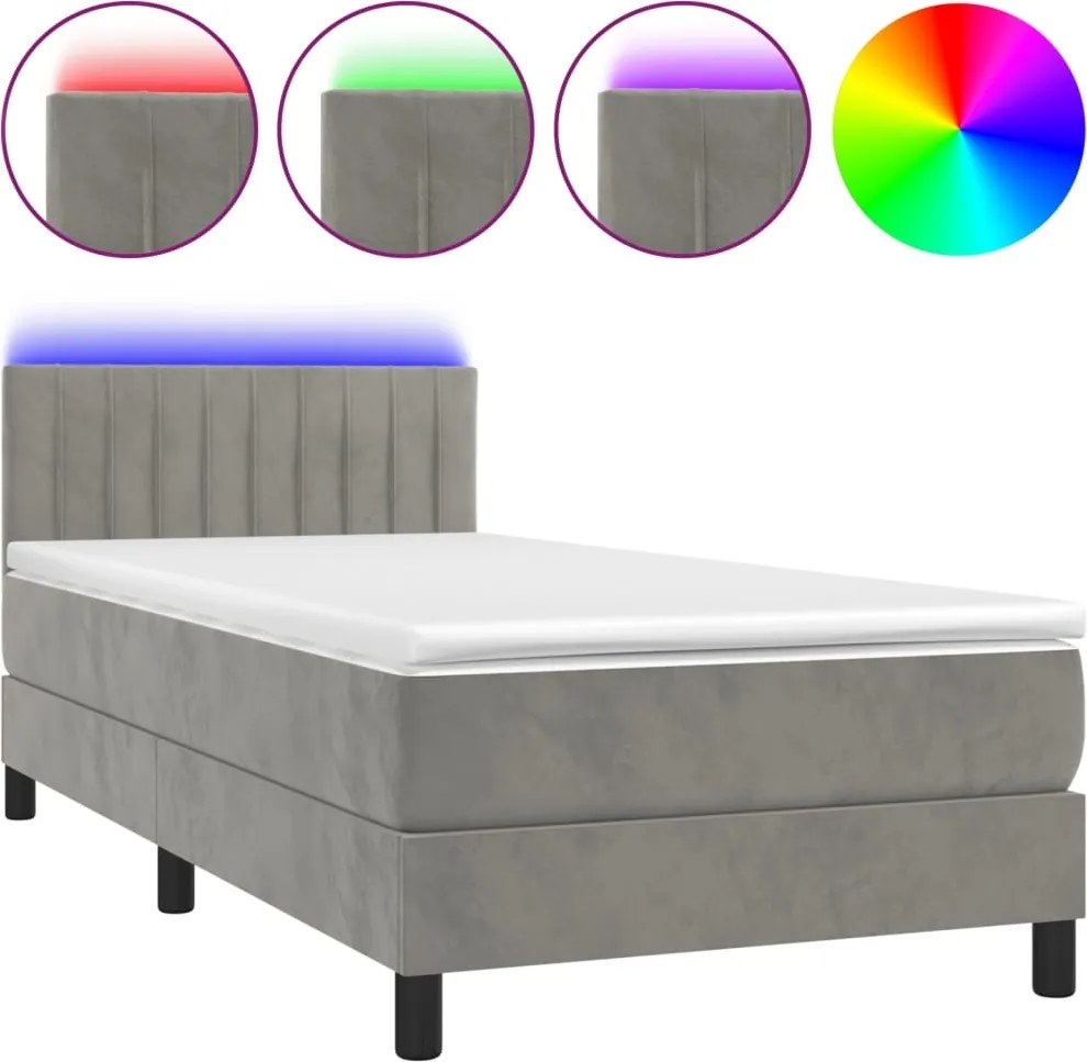 vidaXL világosszürke bársony rugós és LED-es ágy matraccal 90x190 cm
