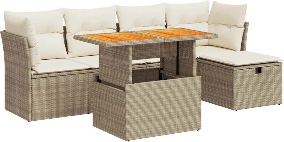 vidaXL 6 részes bézs polyrattan akácfa kerti ülőgarnitúra párnával