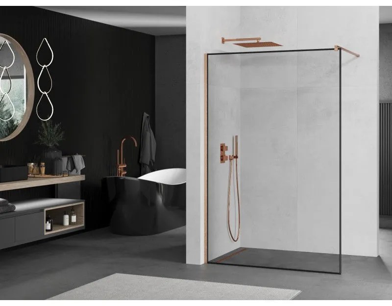 Mexen Kioto, Walk-In zuhany paraván 50 x 200 cm, 8 mm átlátszó üveg fekete mintás, réz matt profil, 800-050-101-65-70