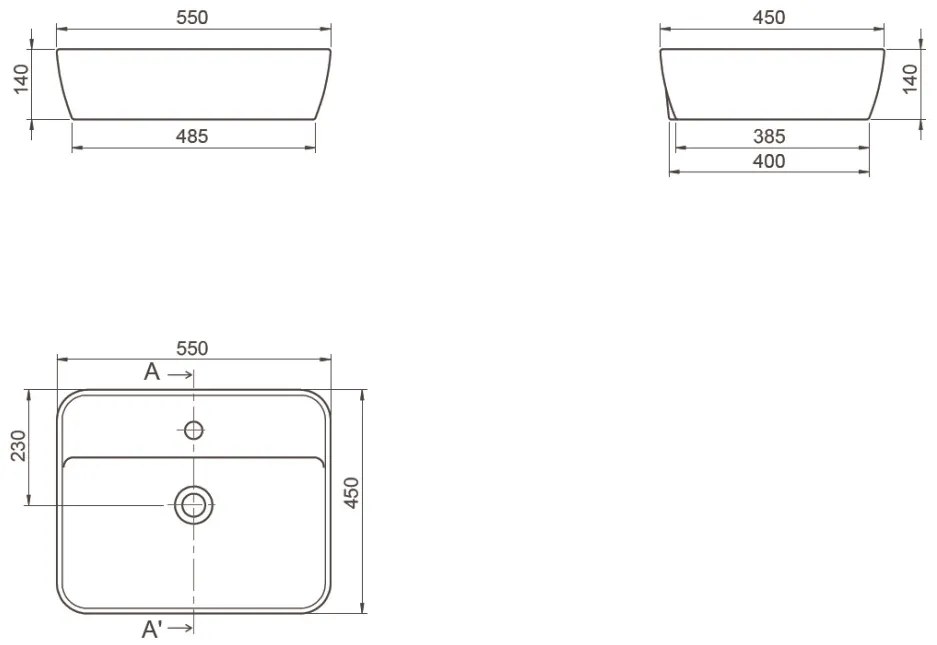 CeraStyle ONE - PULTRA ültethető - Top Counter- porcelán mosdó - MATT FEKETE - csaplyukas - 55 x45 cm