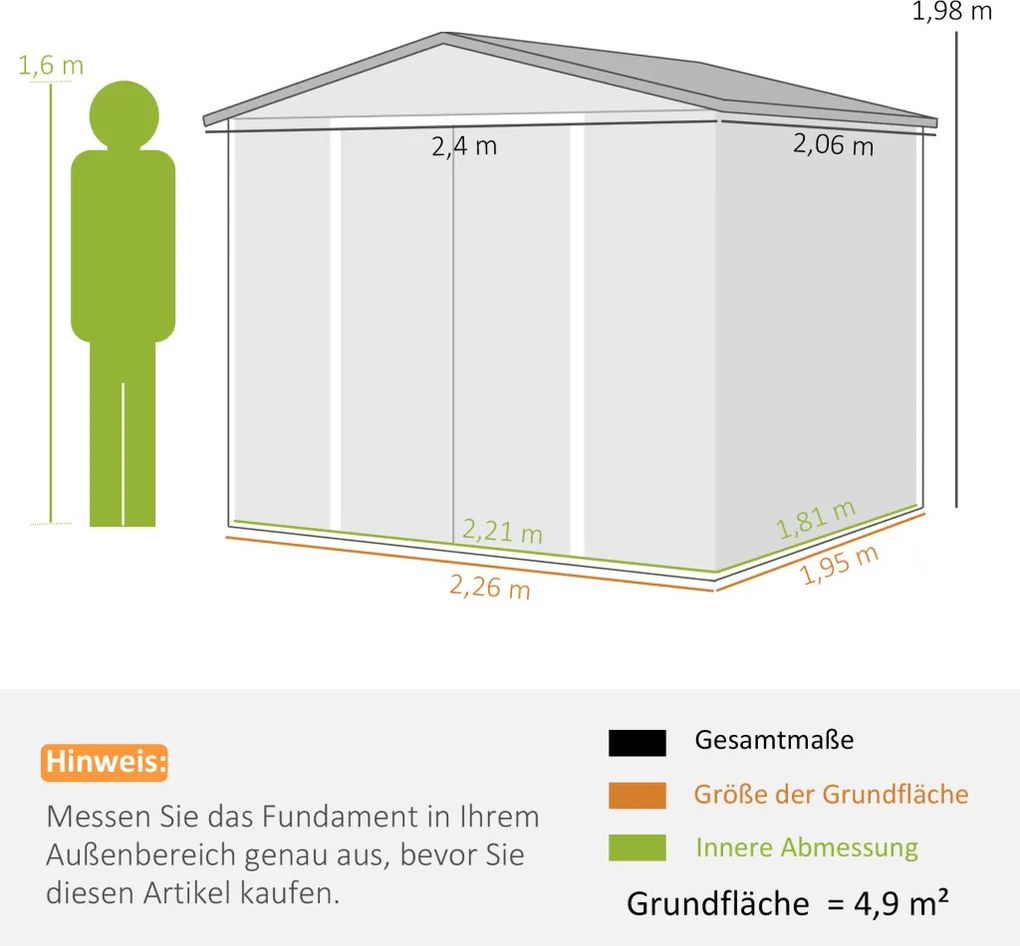 Kerti Ház fém kerti fészer, időjárásálló és rozsdamentes, zárható, 2,40 x 2,06 x 1,98 m, teakfa