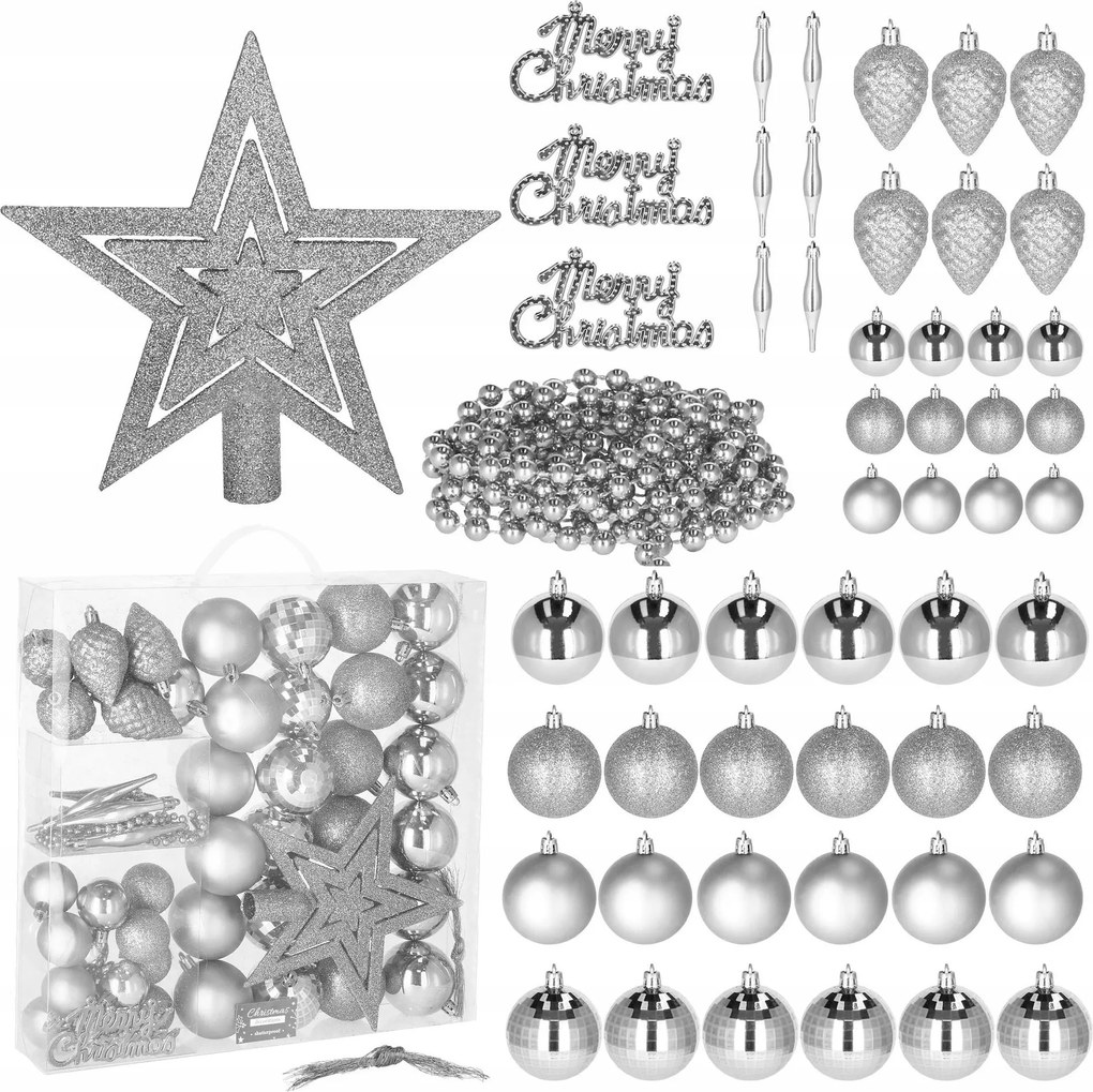 Karácsonyfadísz Törhetetlen Arany Mintás 51db-OS Karácsonyfa Szett Ezüst