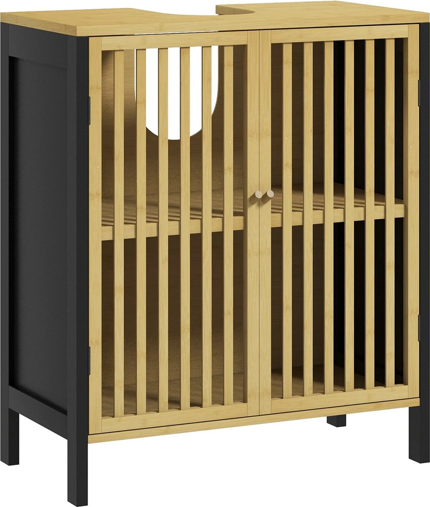 HOMCOM Mosdó Alatti Fürdőszobai Szekrény Állítható Polccal 60 x 30 x 70 cm Fekete és Természetes Bambusz | Aosom