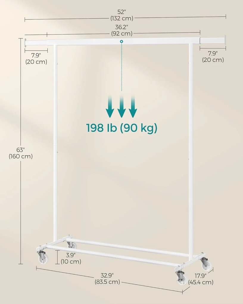 Ruhaáállvány, gurulós, ruháknak max teherbírás 90kg, fehér, 92-132 cm között állítható
