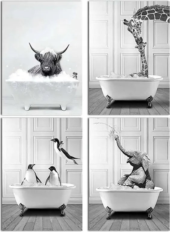 Vászonkép Poszter keret nélkül 4 db 50x70 cm Állatok a fürdőszobában minta