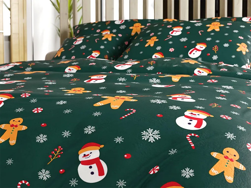 2 db-os Mikroplüss Ágyneműhuzat Szett SNOWMAN AND GINGERBREAD zöld + mikroplüss lepedő SOFT 180x200 cm fehér, franciaágy